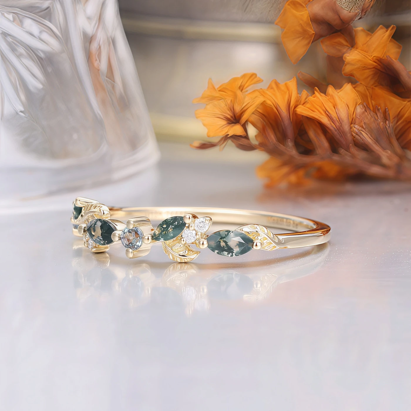 Leaf Style Moss Agate Alexandrite Wedding Band Yellow Gold Bridal Ring Band - view 3