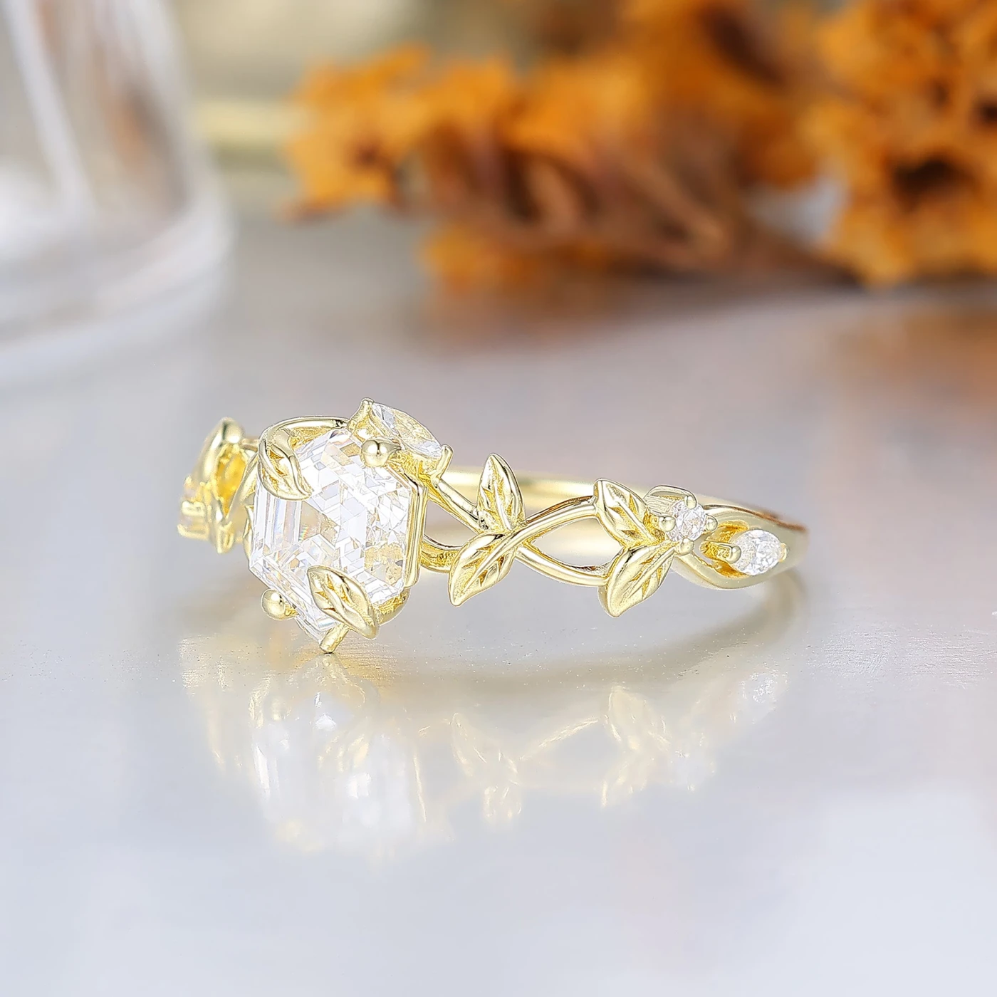 Botanical Leaf Prong Hexagon Cut Moissanite Engagement Ring Nature Inspired Moissanite Women Ring - view 2