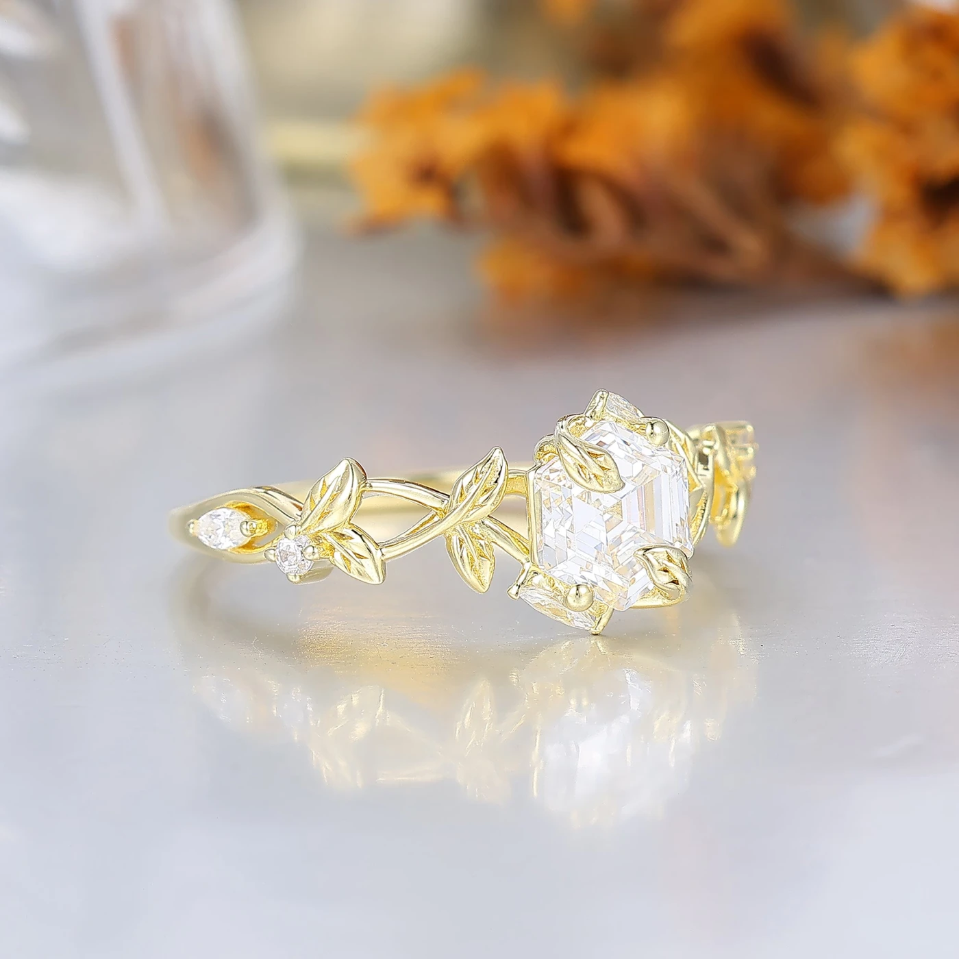 Botanical Leaf Prong Hexagon Cut Moissanite Engagement Ring Nature Inspired Moissanite Women Ring - view 3