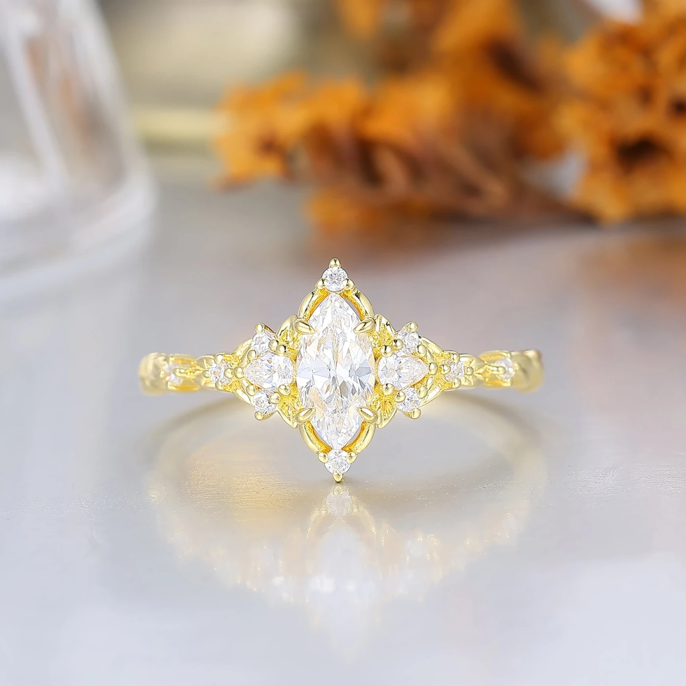 Romantic Marquise Engraved Floral Wedding Ring 14K Gold Blooming Bridal Ring