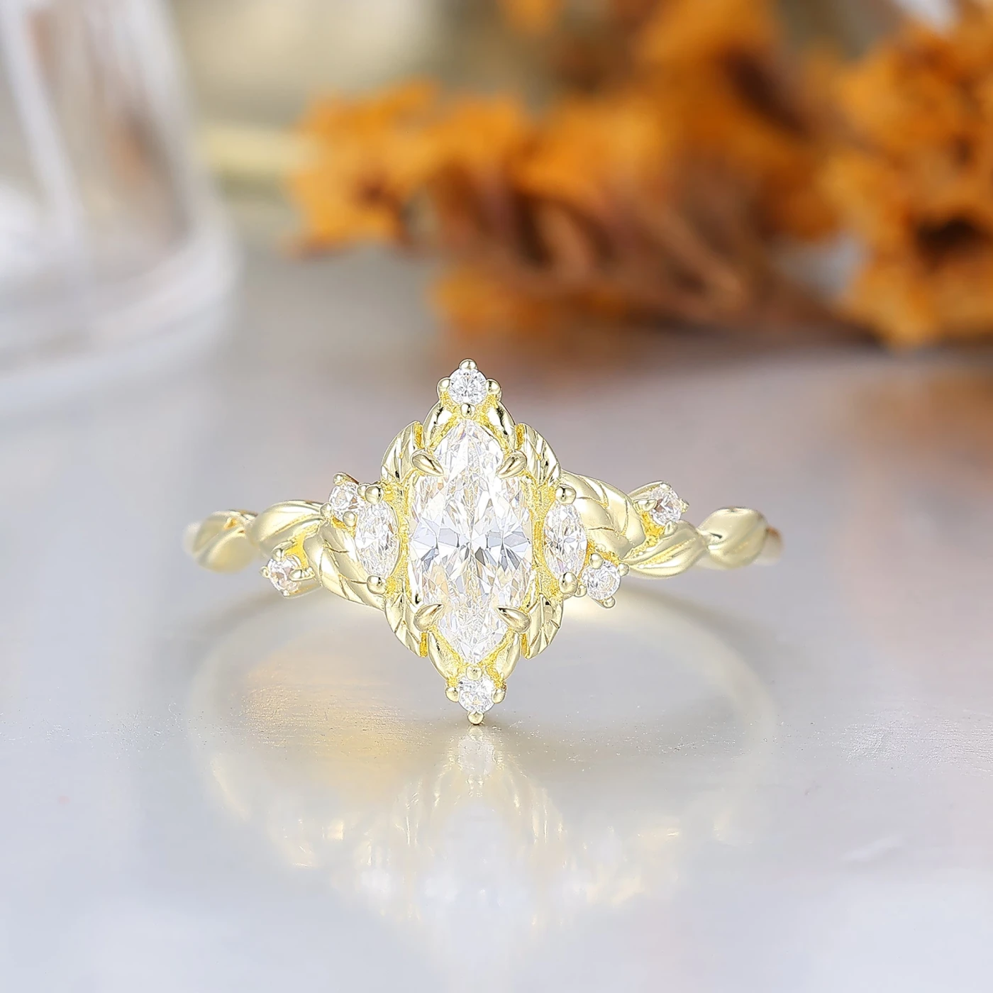 Noble Leaf-Cradled Marquise Ring For Her Handmade 14K Gold Bridal Ring