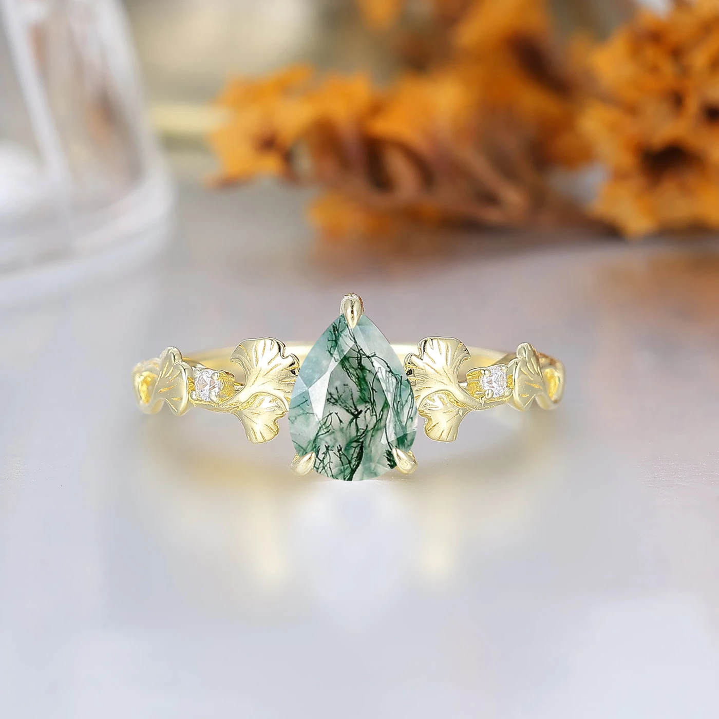 3 Claw Pear Cut Bridal Engagement Ring Ginkgo Leaf Heirloom Wedding Ring For Her