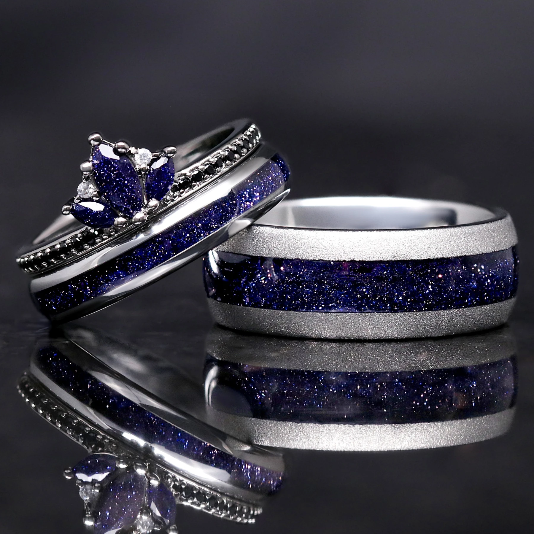 Lotus Starry Night Ring Set, His and Her Wedding Band Set, Tungsten Space Rings
