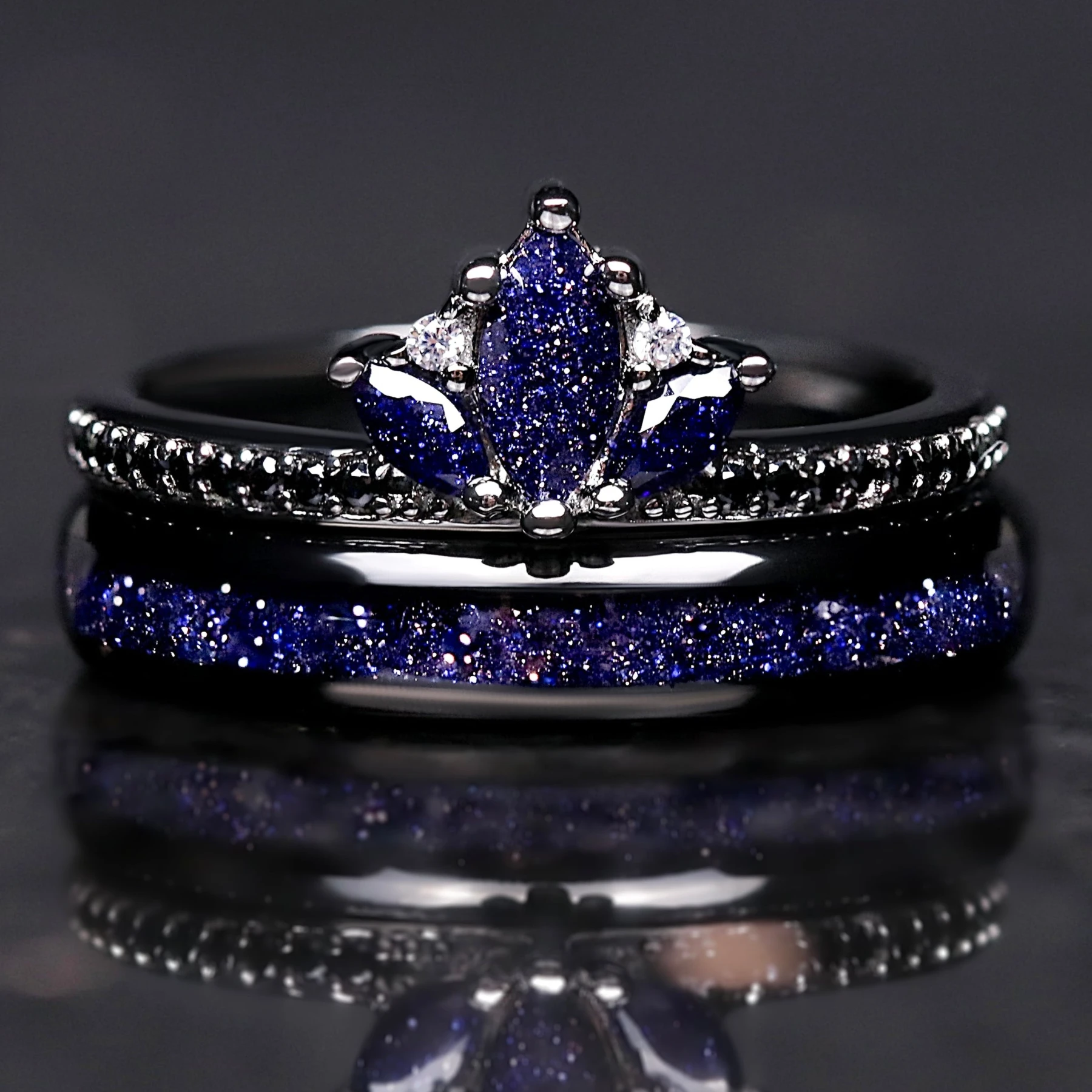 Starry Night Stacking Ring Set | Lotus Sandstone Celestial Wedding Bands