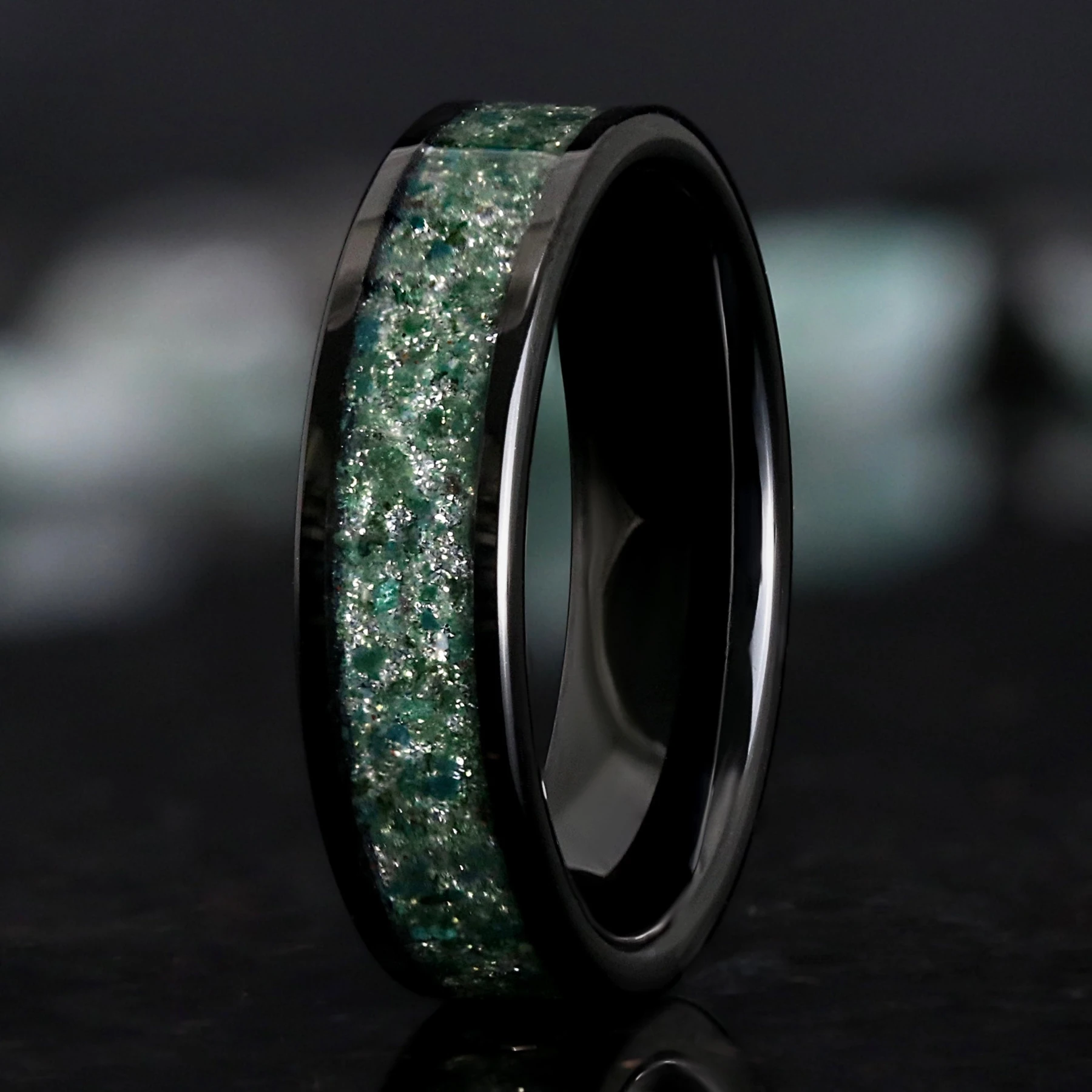 Black Moss Agate Mens Wedding Band | Black Tungsten Ring