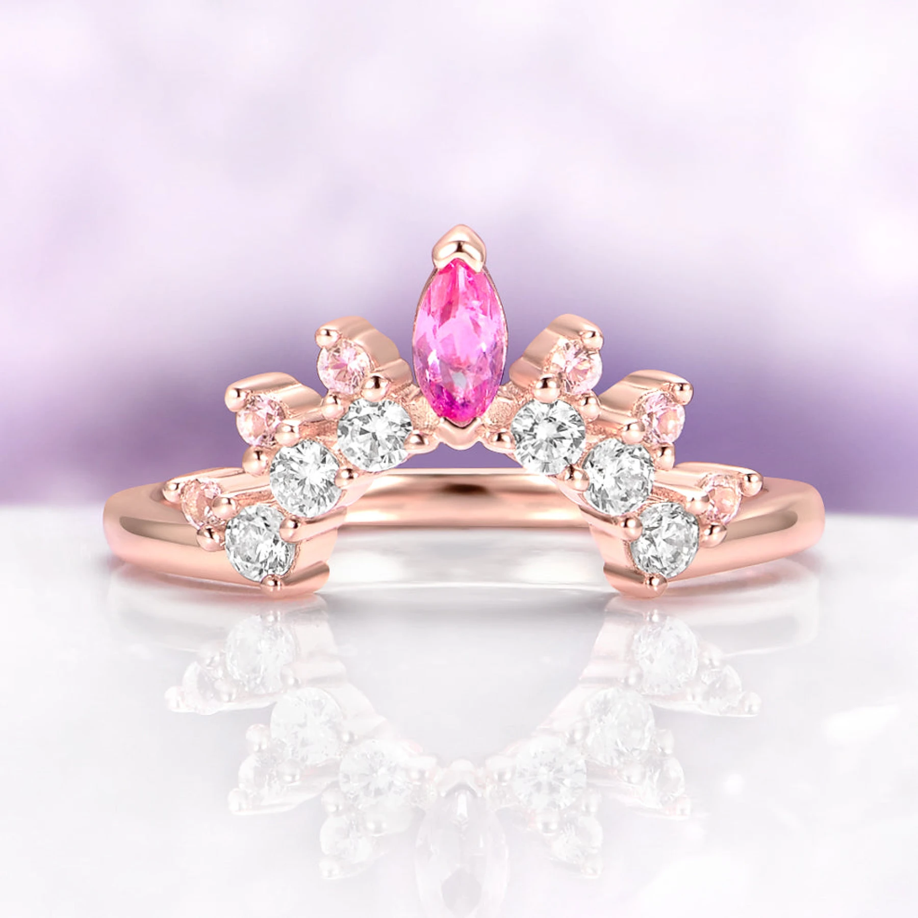 Crown Tiara Marquise Ruby Curved Wedding Band in 14K Rose Gold Vermeil