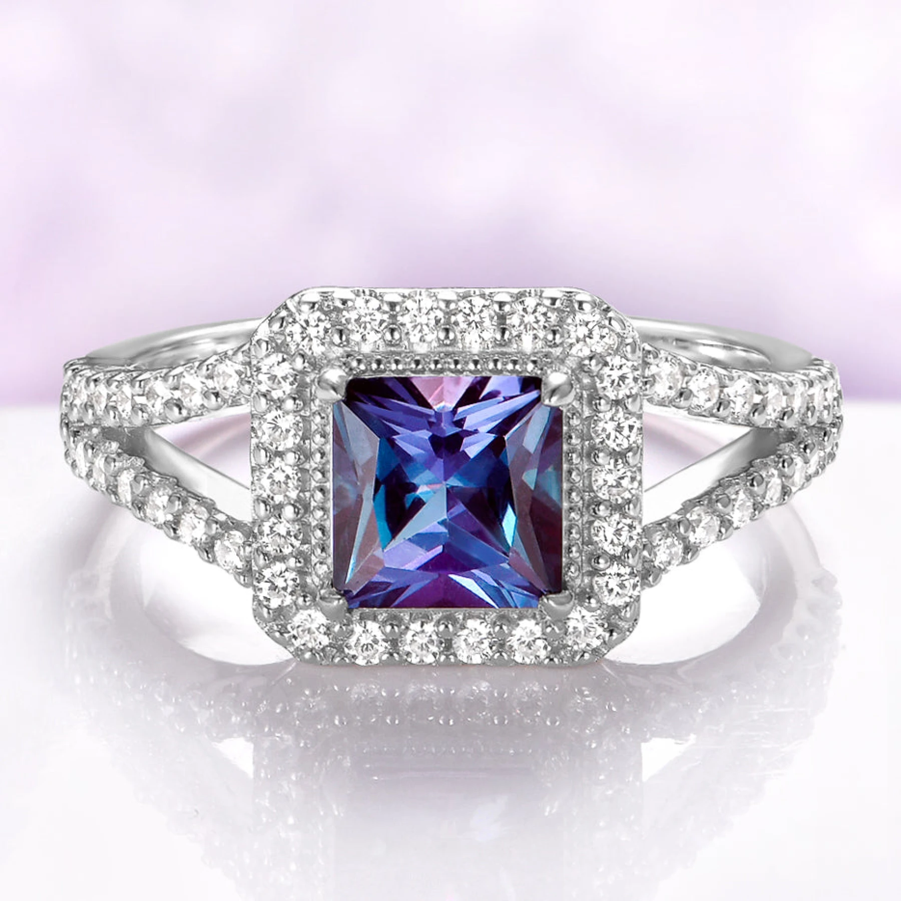 Split Shank Halo Alexandrite Engagement Ring in Sterling Silver