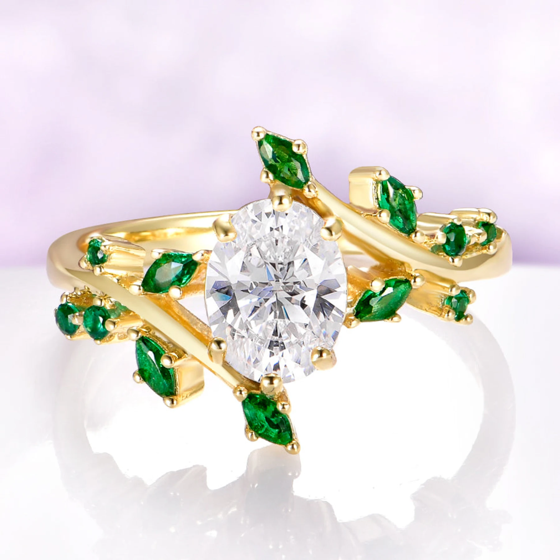 Oval Moissanite Nature Inspired Leaf Engagement Ring in Solid 14K Yellow Gold - view 1