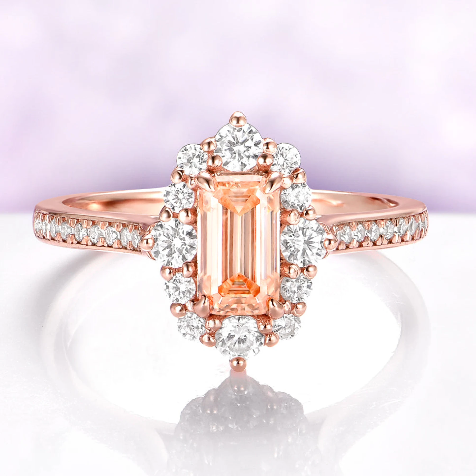 Emerald Cut Champagne Moissanite Engagement Ring in Solid 14K Rose Gold