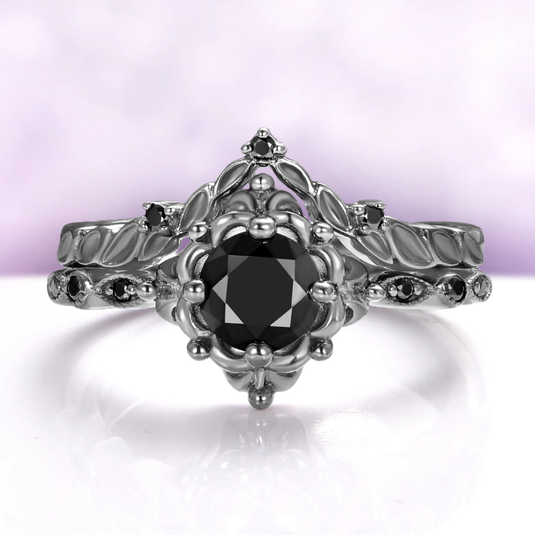 Gothic Vintage Floral Ring Set in Black Ruthenium