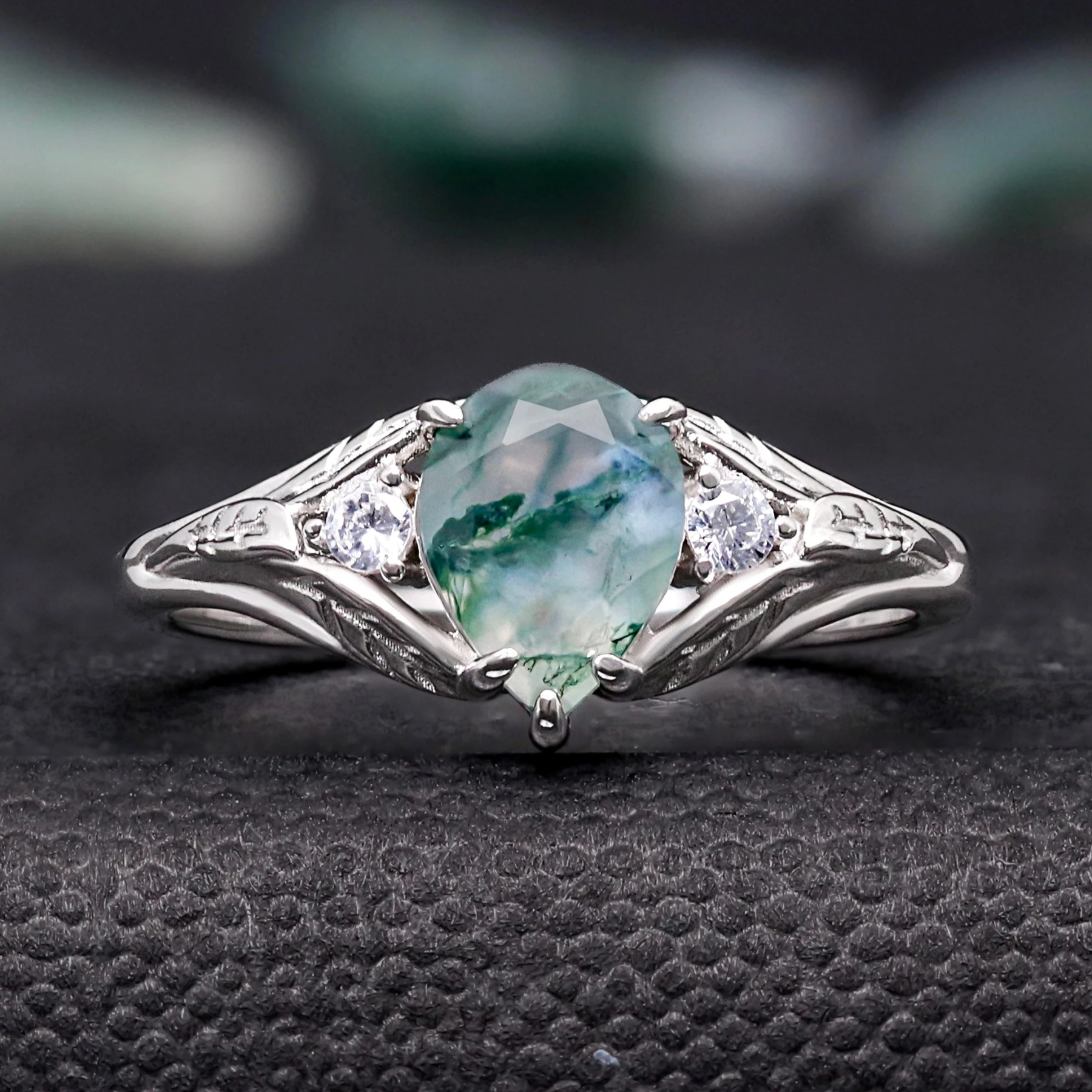 Faeleaf Pear Cut Moss Agate Promise Ring | Womens Nature Engagement Ring