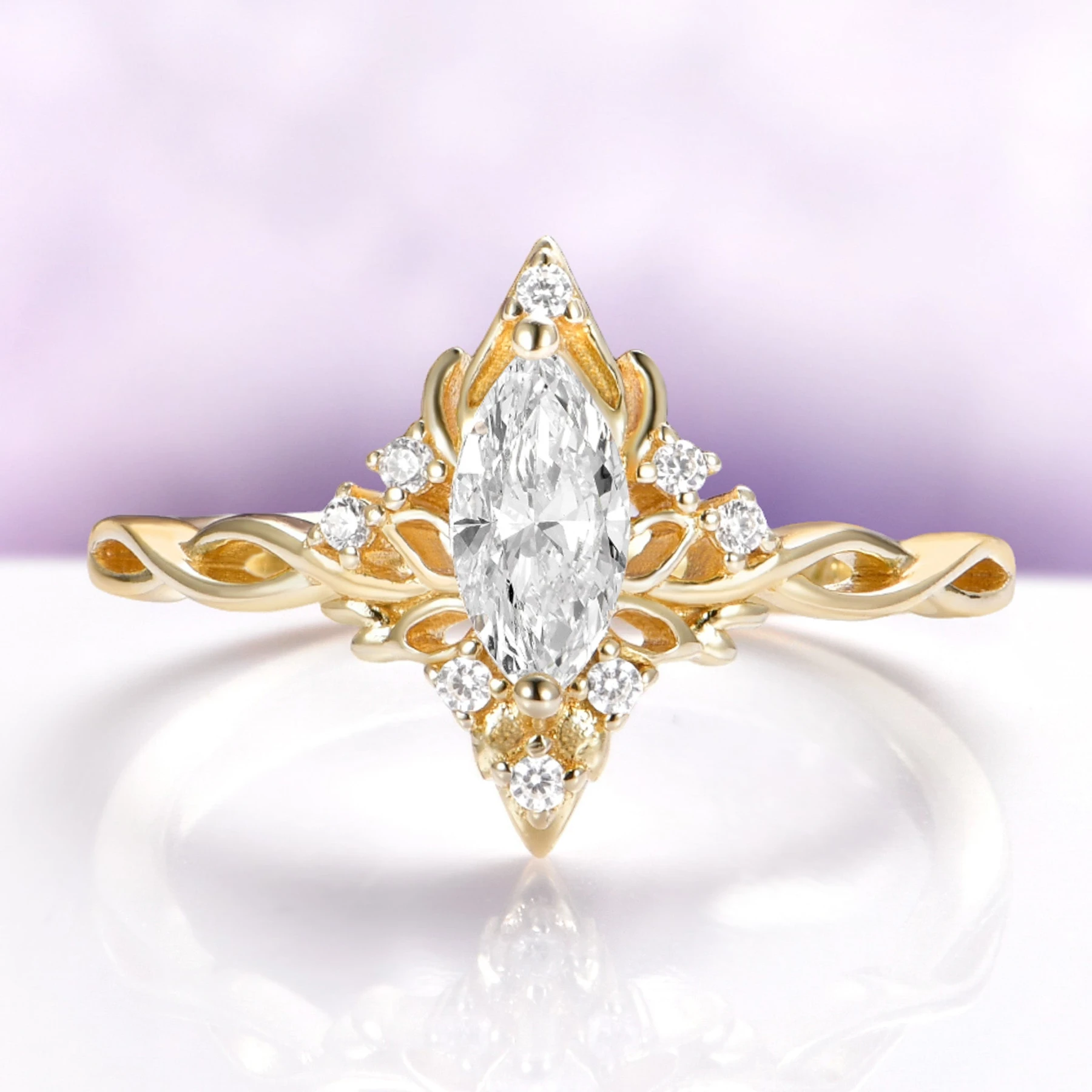 Marquise Lab-Grown Diamond Butterfly Engagement Ring in Solid 14K Yellow Gold (IGI Certified) - view 1