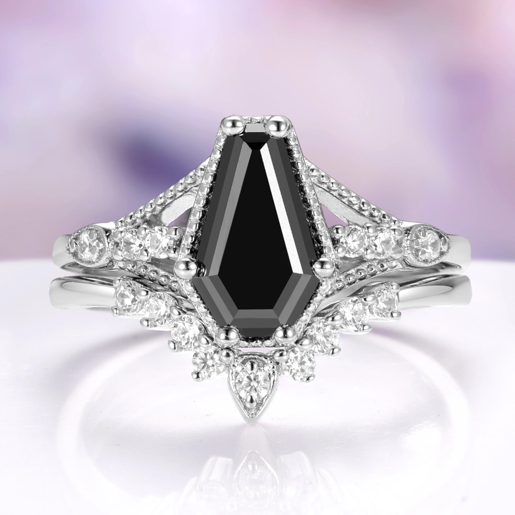Lilith Coffin Cut Black Onyx Ring Set in 14K White Gold - view 1