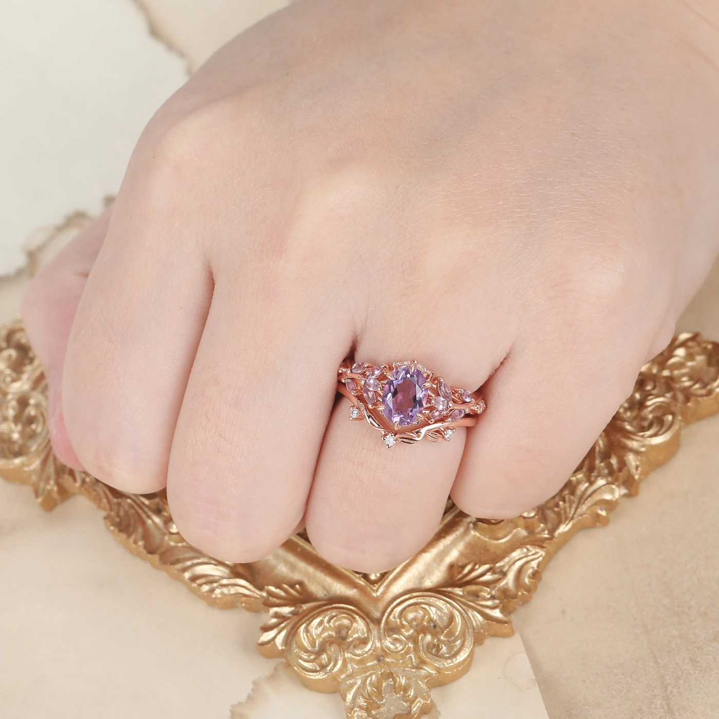 Ethereal 1.5CT Oval Amethyst Engagement Ring Set 2pcs Twig Design Marriage Ring Set For Her - view 5