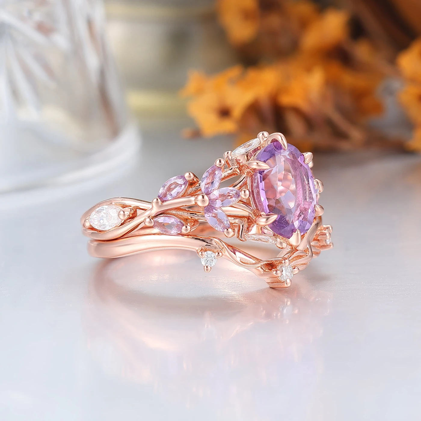 Ethereal 1.5CT Oval Amethyst Engagement Ring Set 2pcs Twig Design Marriage Ring Set For Her - view 2