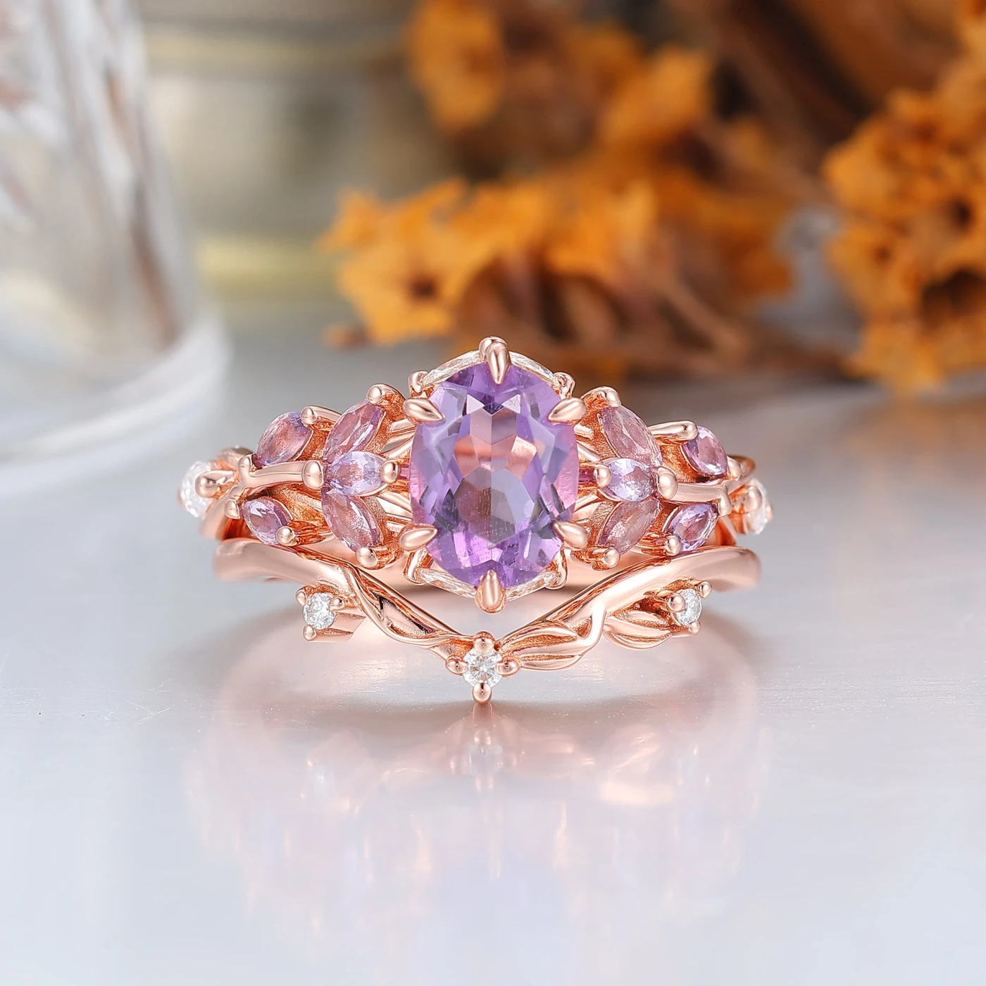 Ethereal 1.5CT Oval Amethyst Engagement Ring Set 2pcs Twig