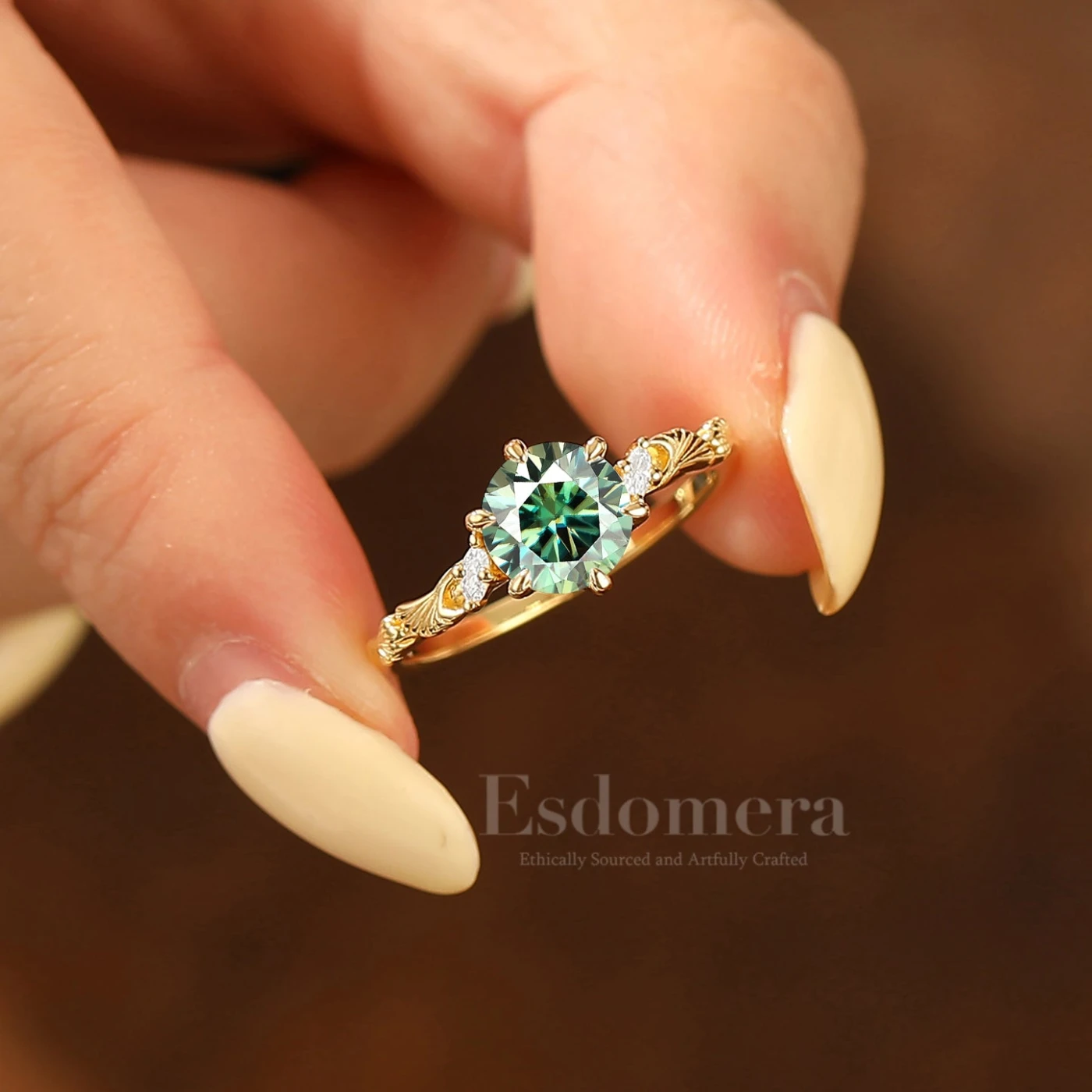Leaf Inspired Round Blue Green Engagement Ring 14K Solid Gold