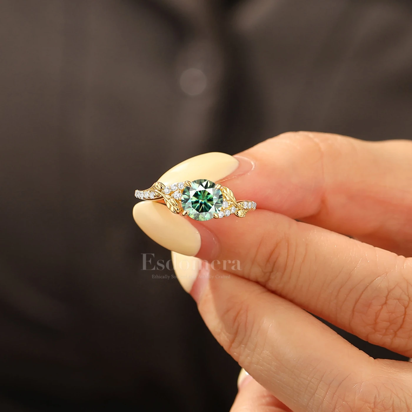 Delicate Tendril Round Blue Green Engagement Ring 14K Gold Women Fine Ring