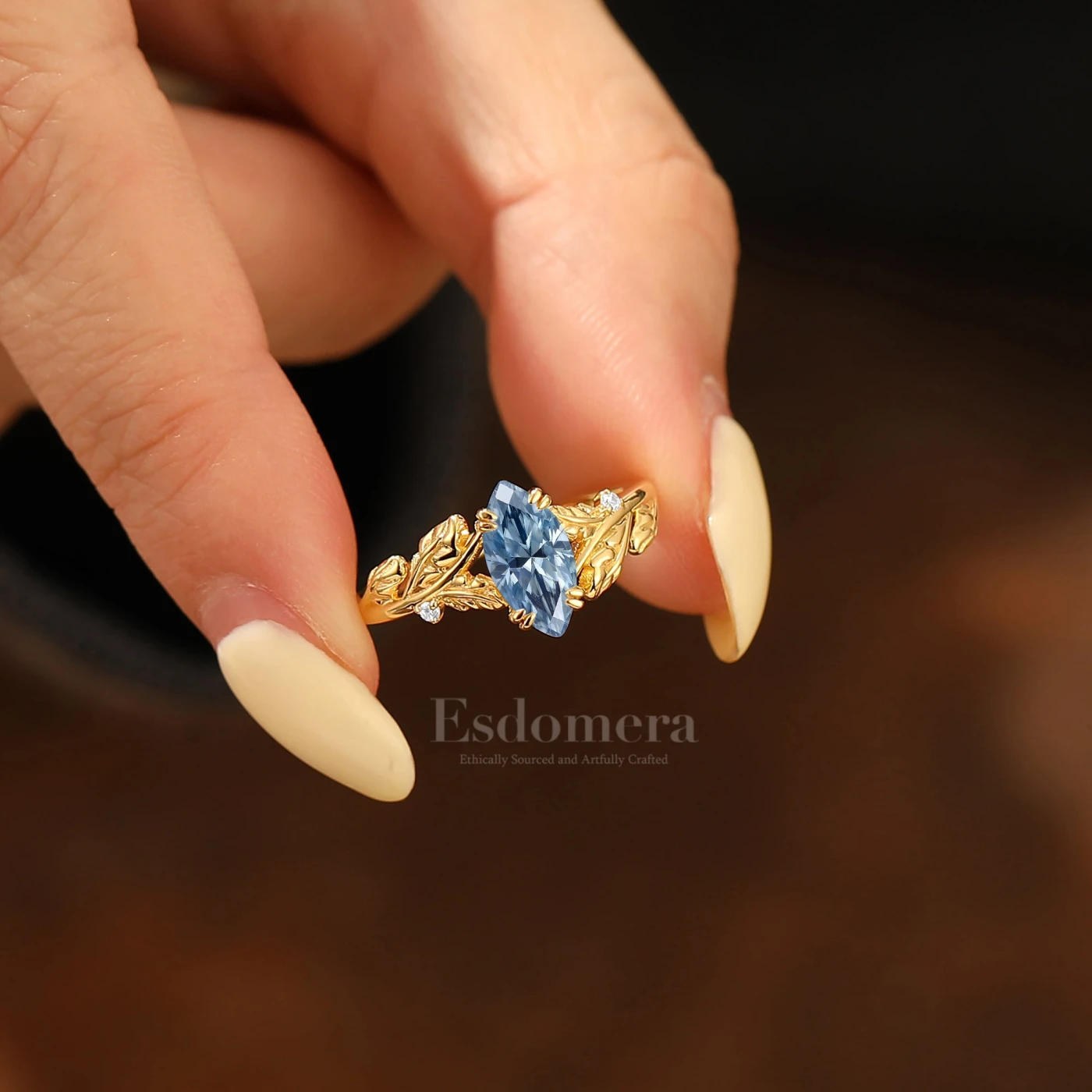 Artistic Leaf Marquise Blue Grey Engagement Ring Botanical Inspired Ring For Women