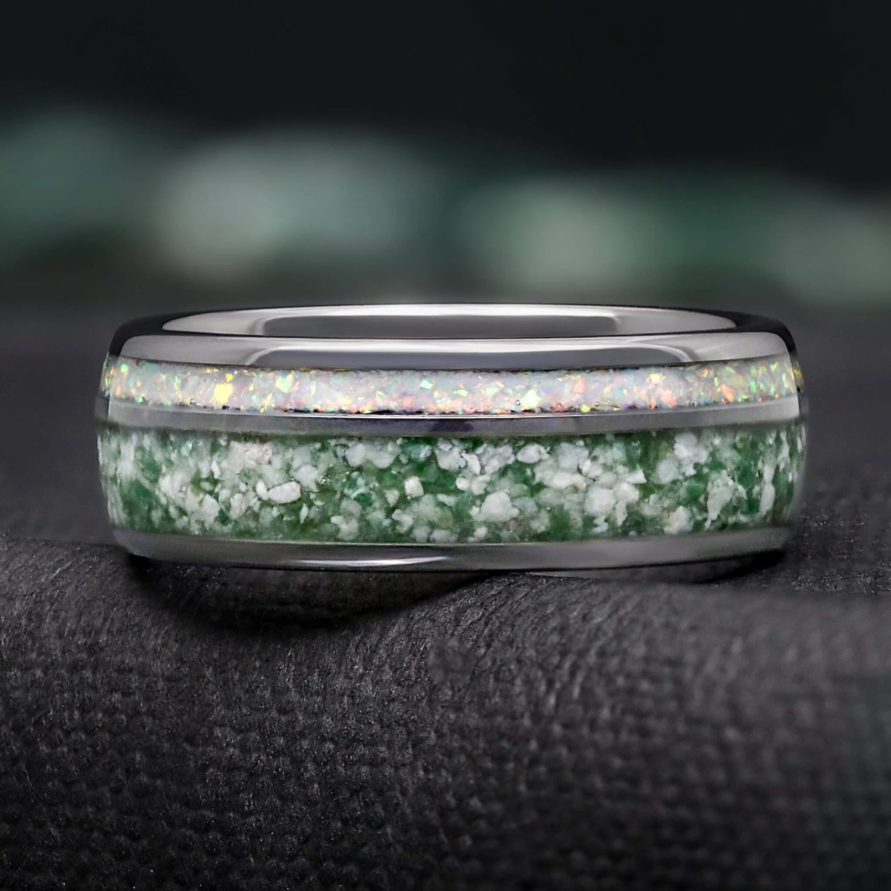 Nesta Mens Moss Agate Wedding Band | White Opal Tungsten Ring