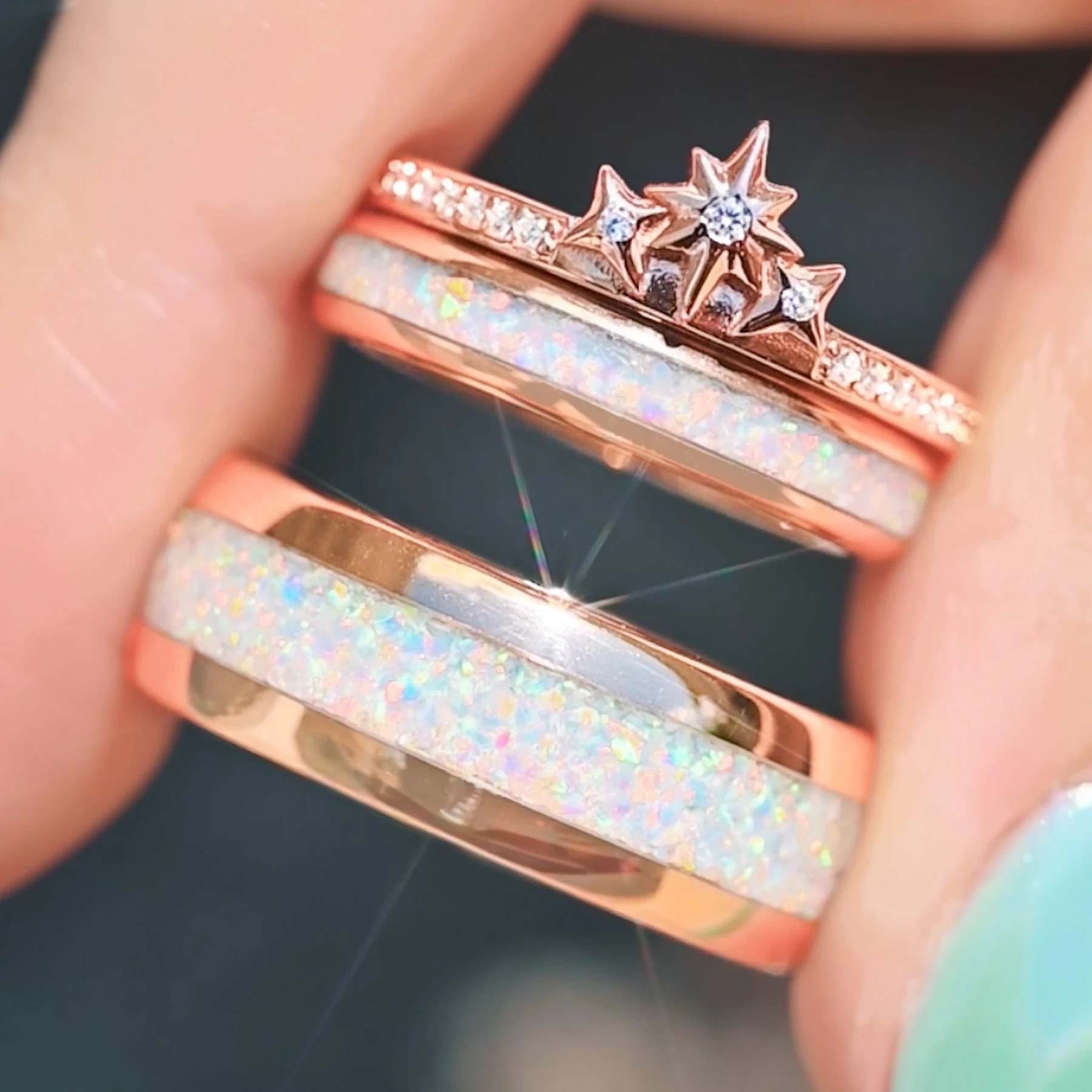 Starburst White Fire Opal Couples Ring Set | Rose Gold Bands