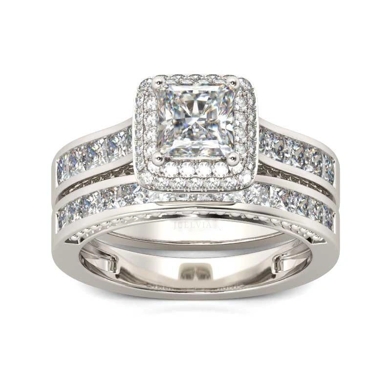 Double Halo Princess Cut Sterling Silver Ring Set