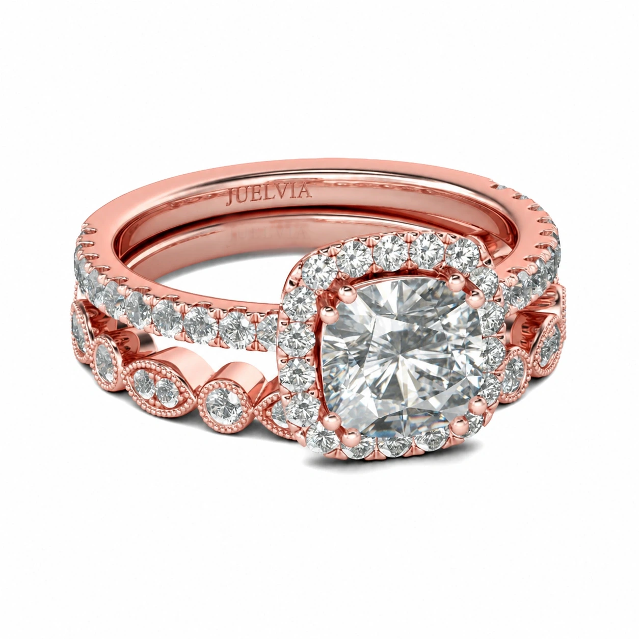 Rose Gold Tone Halo Cushion Cut Sterling Silver Ring Set