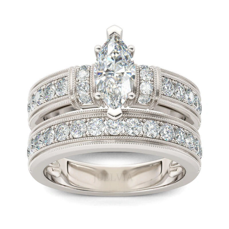 Art Deco Milgrain Marquise Cut Sterling Silver Ring Set