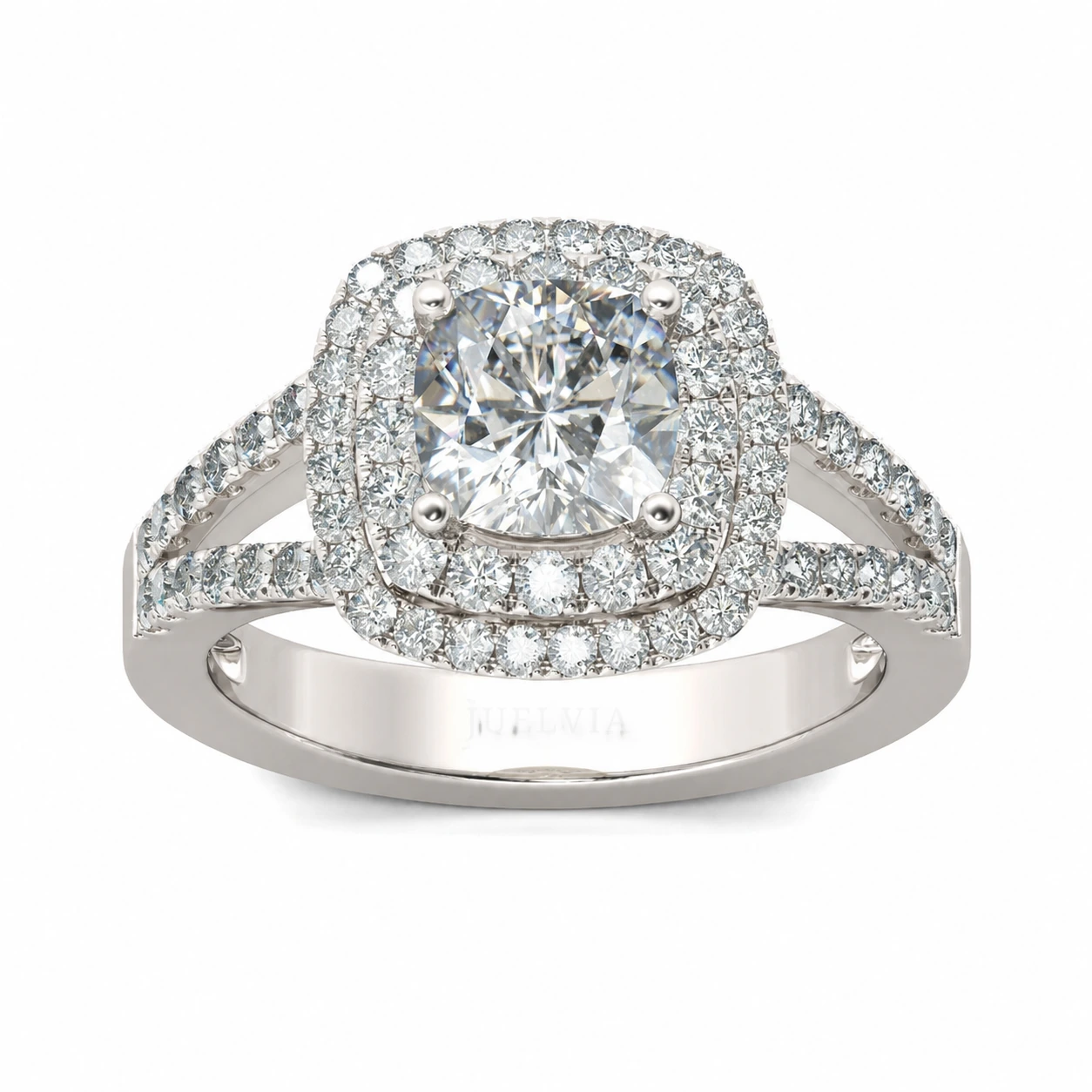 Halo Split Shank Cushion Cut Sterling Silver Engagement Ring