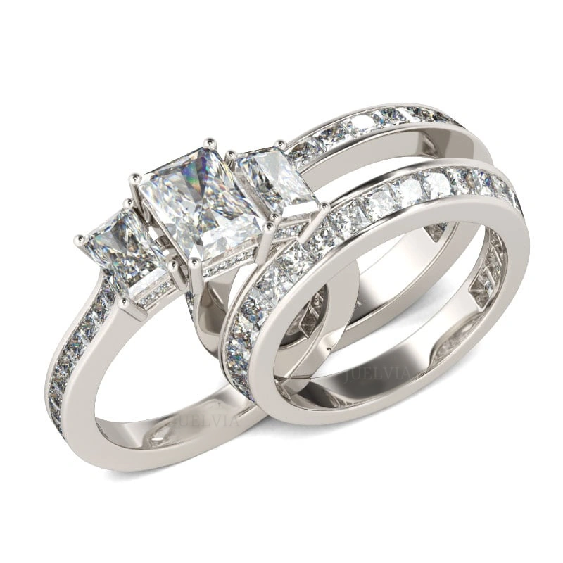 3PC Three Stone Radiant Cut Sterling Silver Ring Set