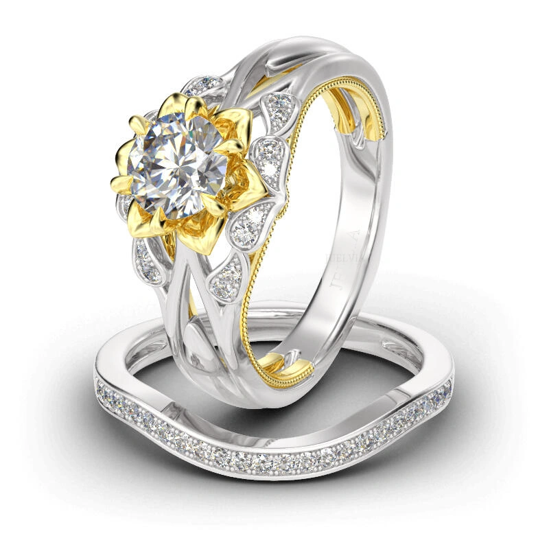 Flower Round Cut Sterling Silver Ring Set