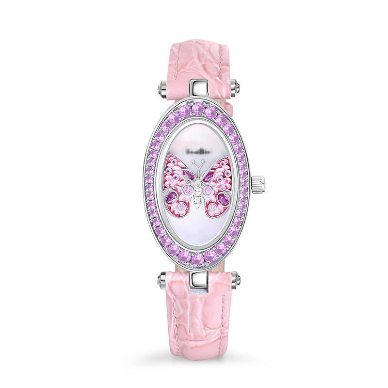 "Fluttering Moment" Butterfly Quartz Pink Leather Watch with Mother of Pearl Dial