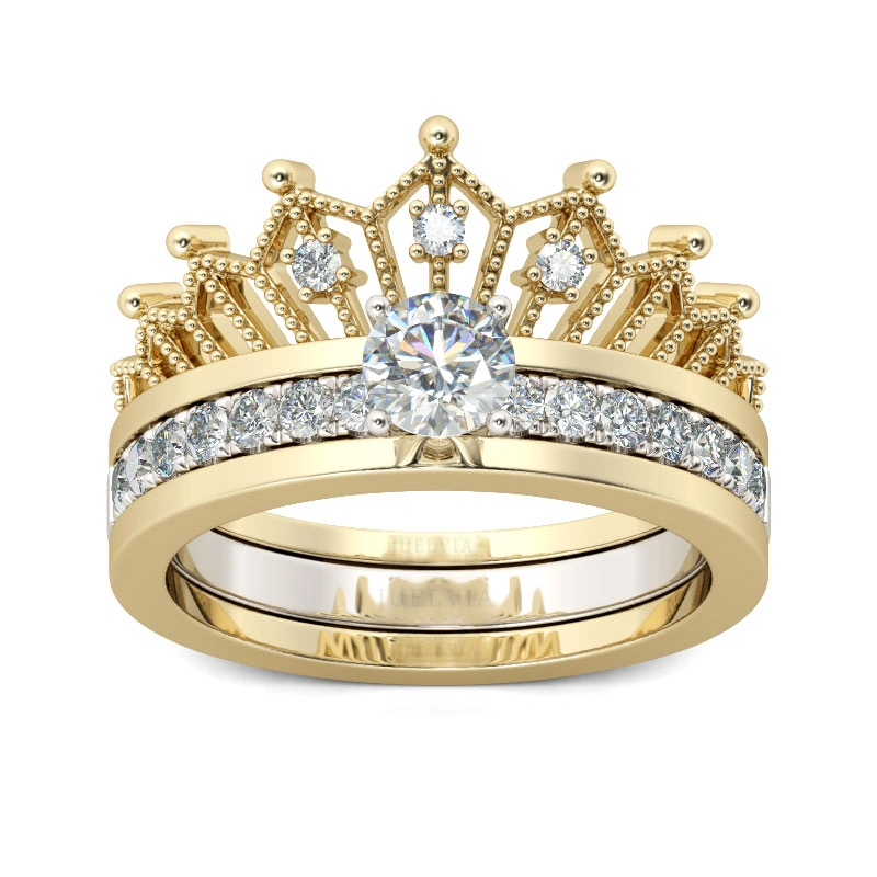 Two Tone Crown Round Cut Sterling Silver Ring set