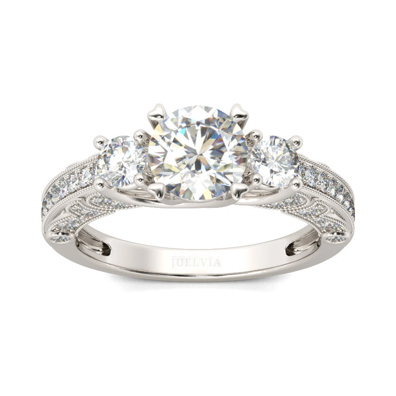 Milgrain Three Stone Round Cut Sterling Silver Ring