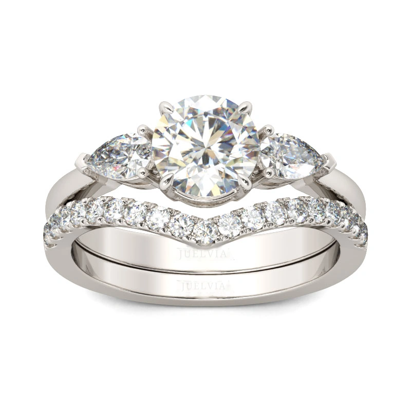 Three Stone Round Cut Sterling Silver Ring Set