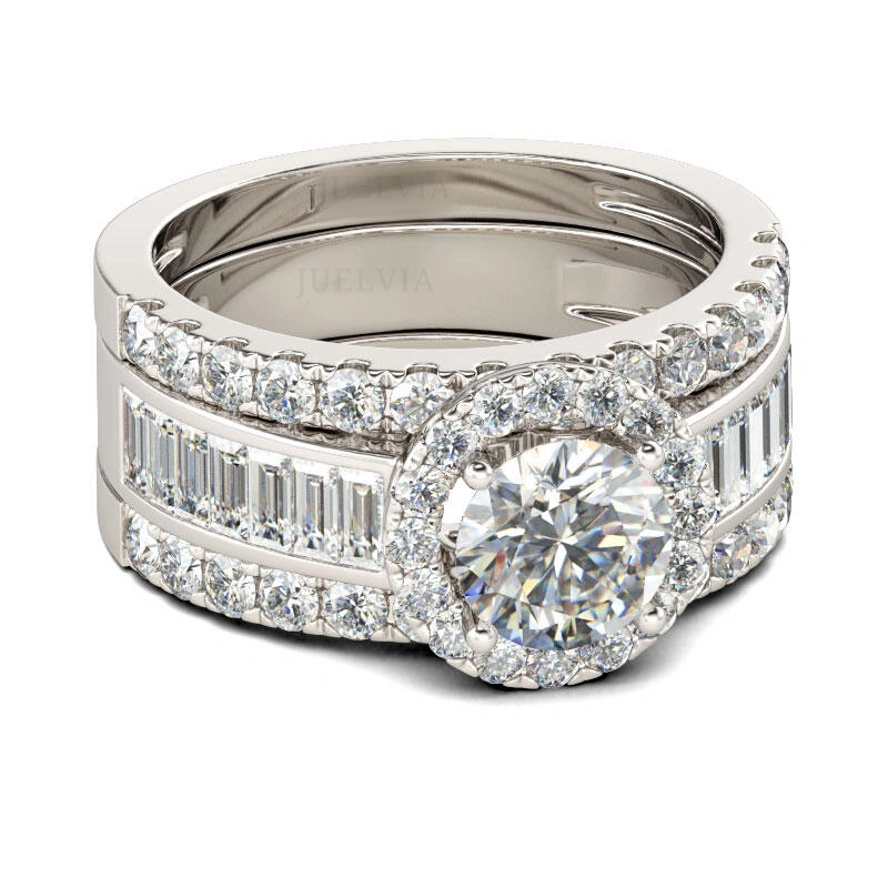 3PC Halo Round Cut Sterling Silver Ring Set – view 2