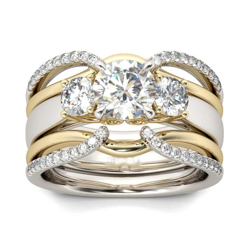 Two Tone Three Stone Round Cut Sterling Silver Ring Set