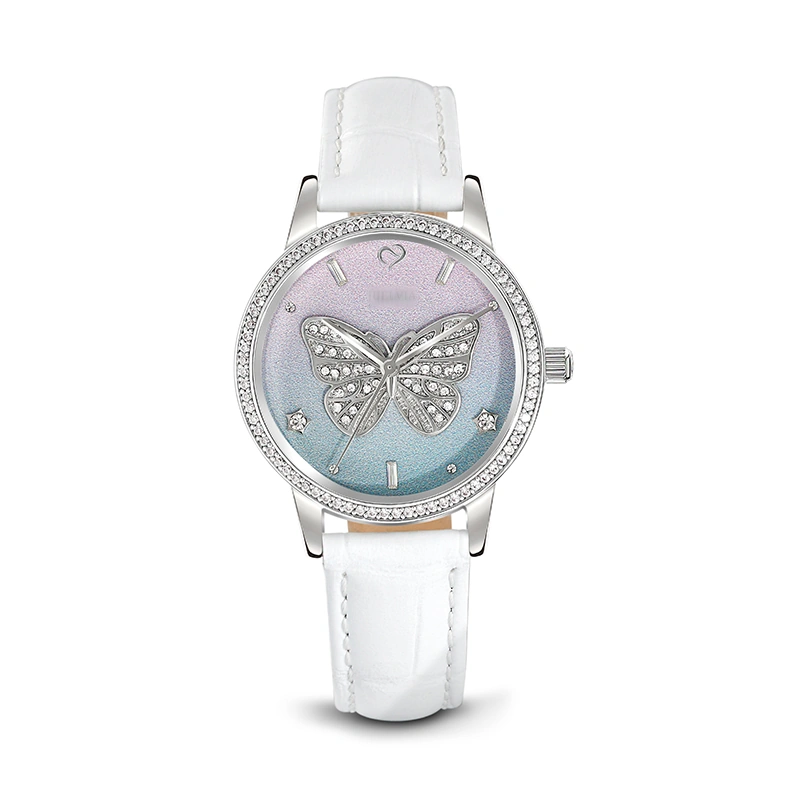 "Dreamy Rainbow" Butterfly Design Quartz White Leather Watch with Ombre Dial