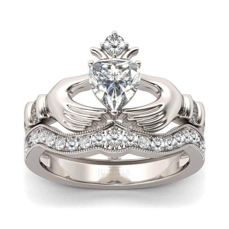 Simple Crown Claddagh Sterling Silver Ring Set