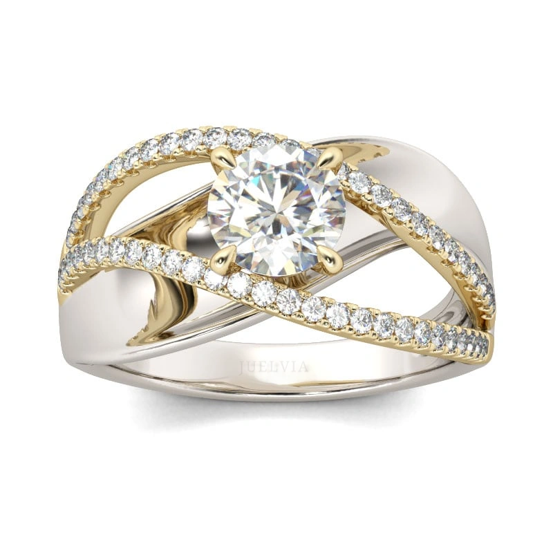 Two Tone Crossover Round Cut Sterling Silver Ring