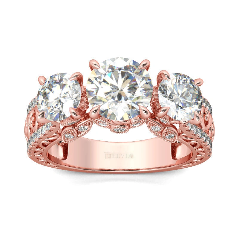 Scrollwork Three Stone Round Cut Sterling Silver Ring