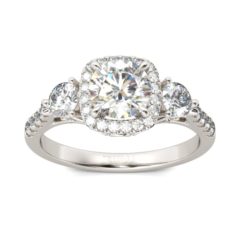 Three Stone Halo Round Cut Sterling Silver Ring