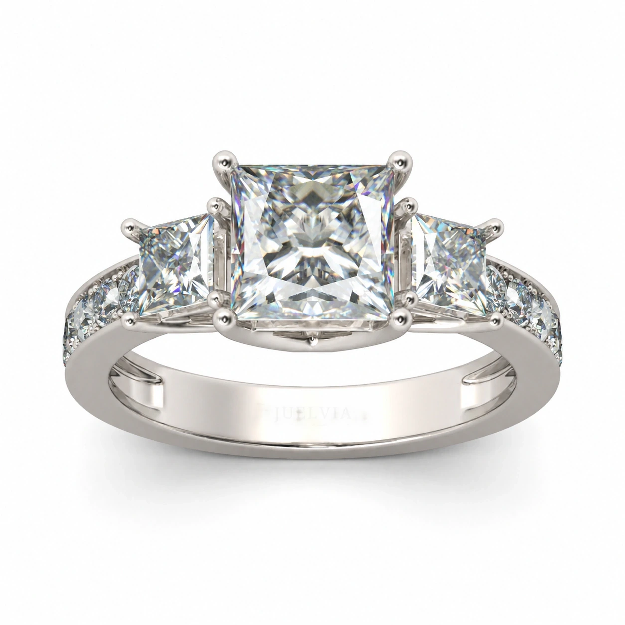 Simple Three Stone Princess Cut Sterling Silver Ring