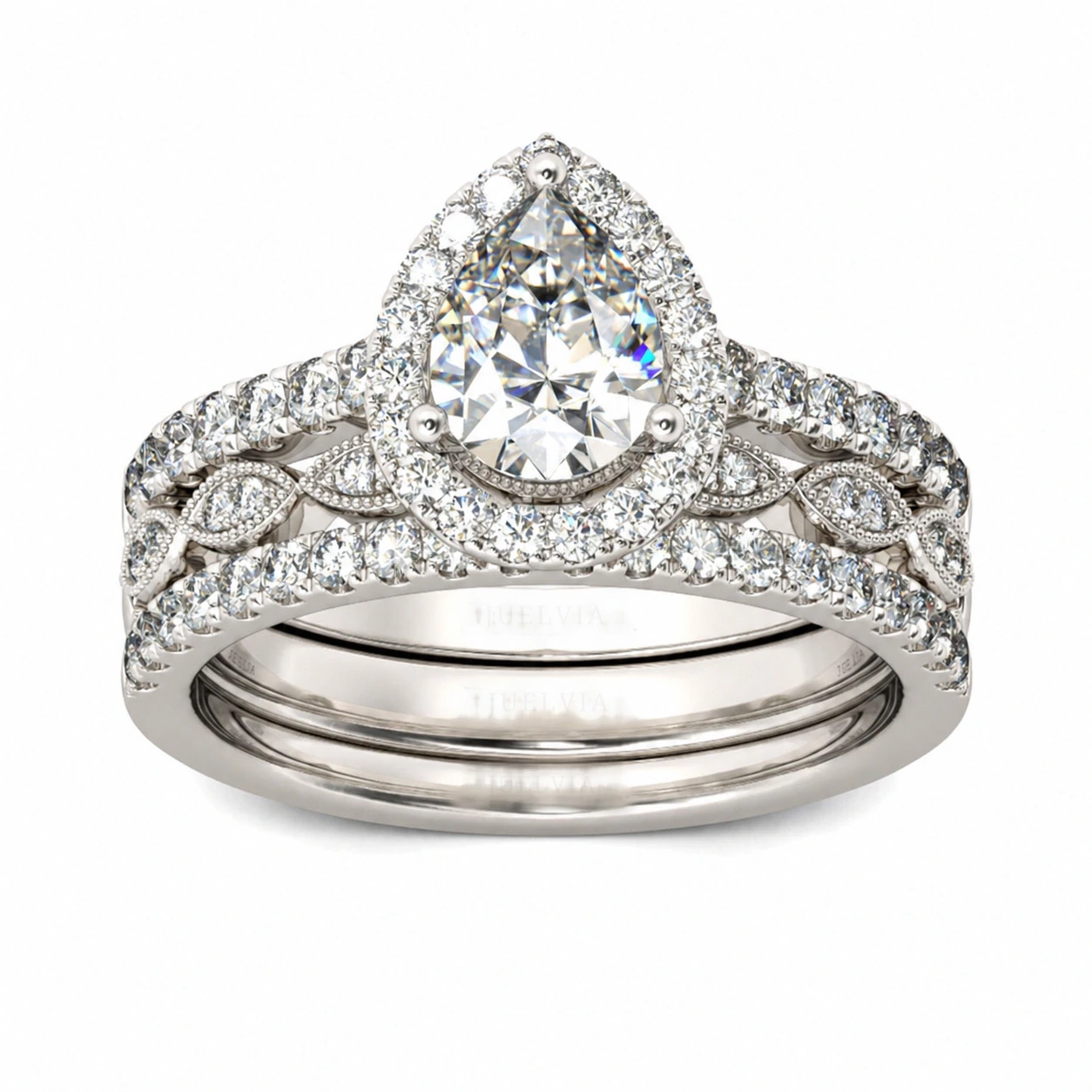 Halo Pear Cut Sterling Silver Ring Set