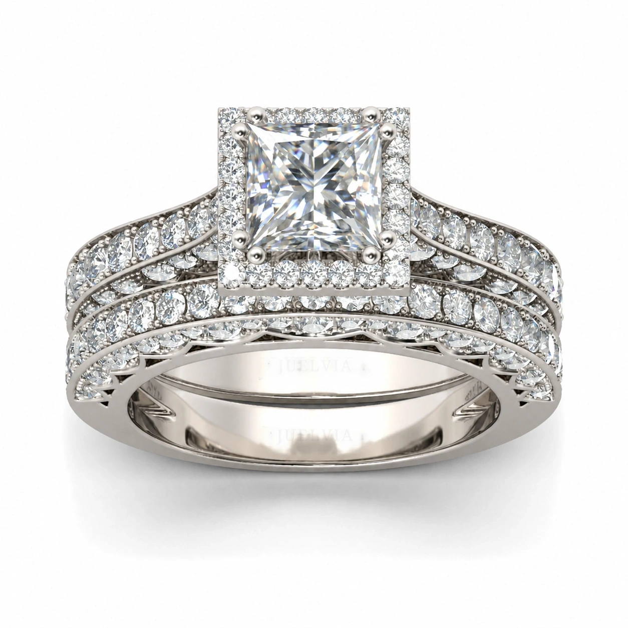 Halo Princess Cut Sterling Silver Ring Set