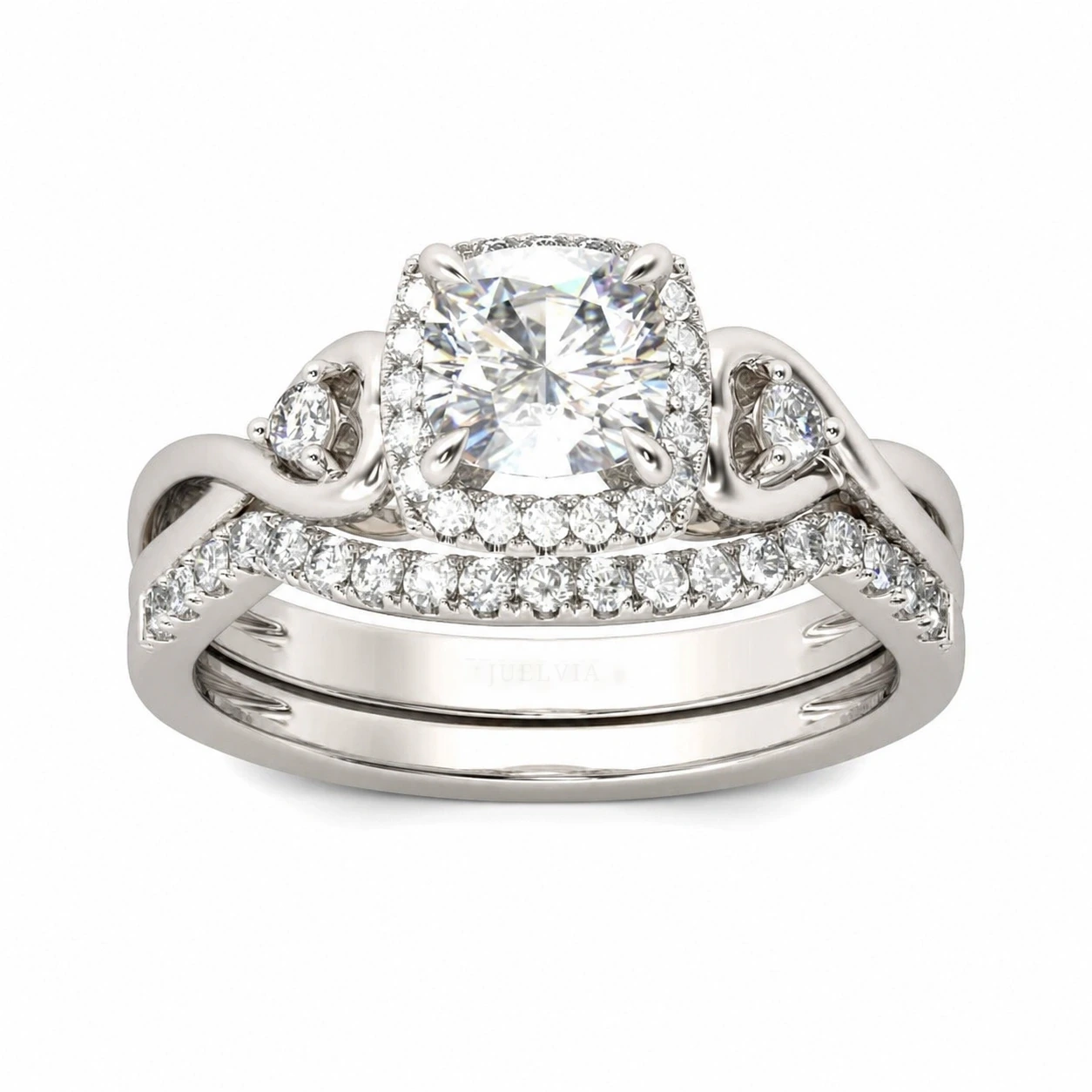 Halo Cushion Cut Sterling Silver Ring Set