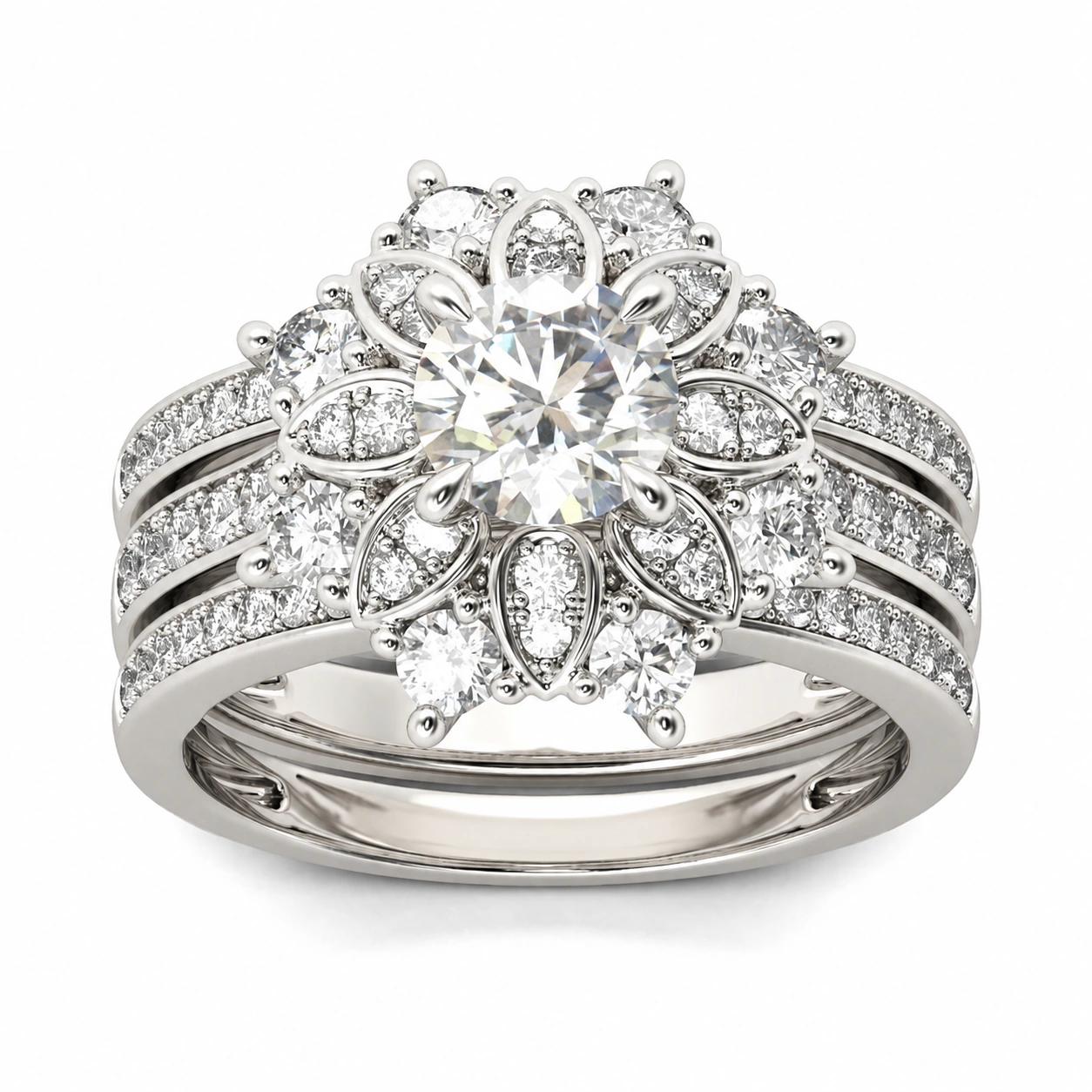 Flower Design Round Cut Sterling Silver 3PC Ring Set