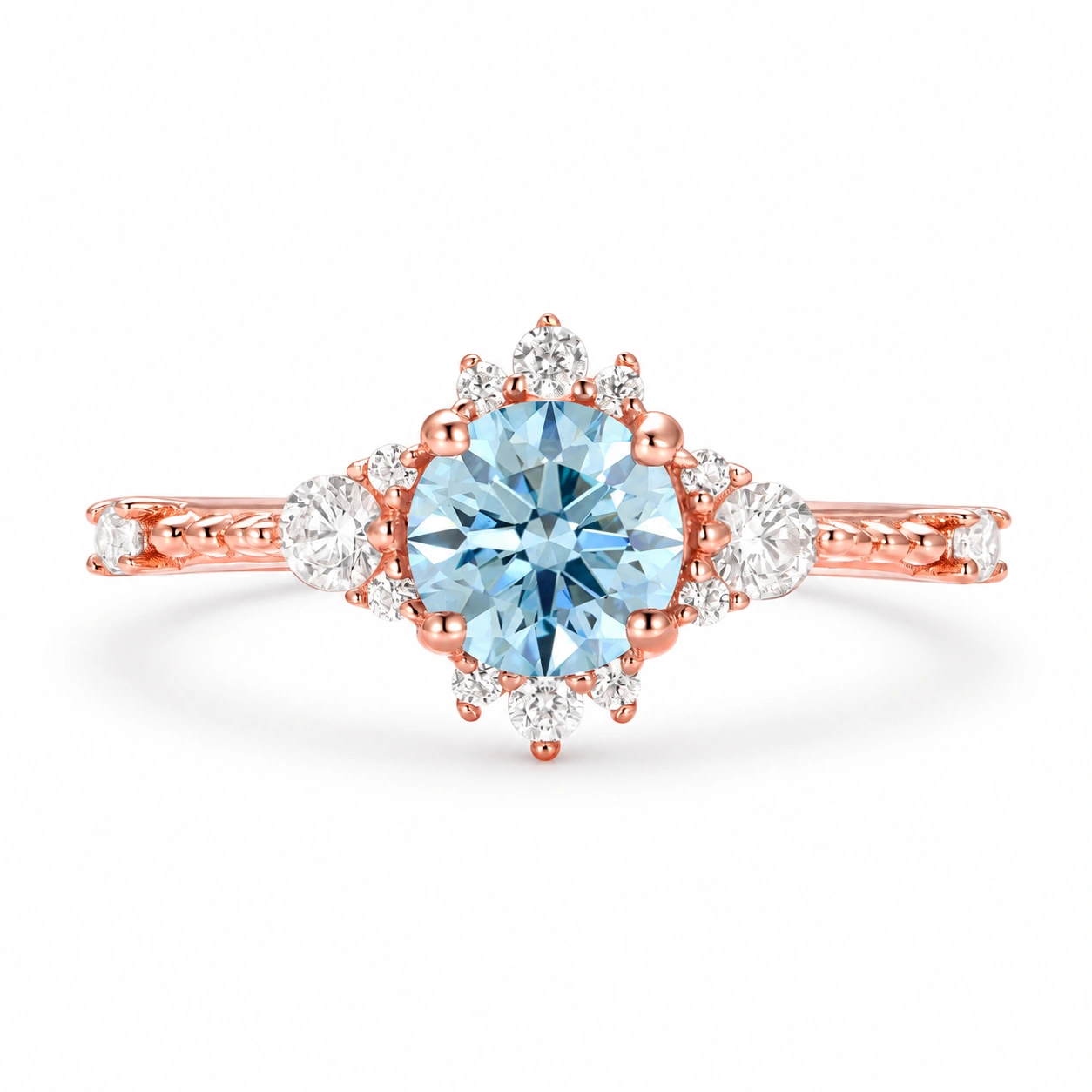 Round Cut Aquamarine Engagement Ring in 14K Rose Gold Vermeil