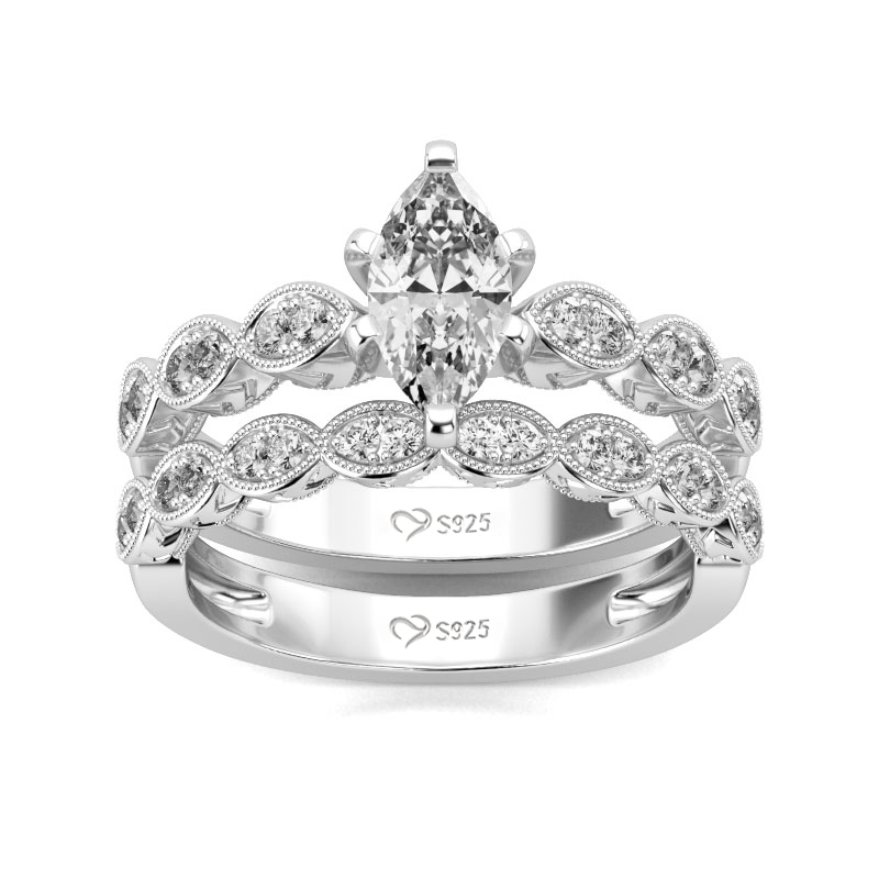Classic Marquise Cut Sterling Silver Ring Set