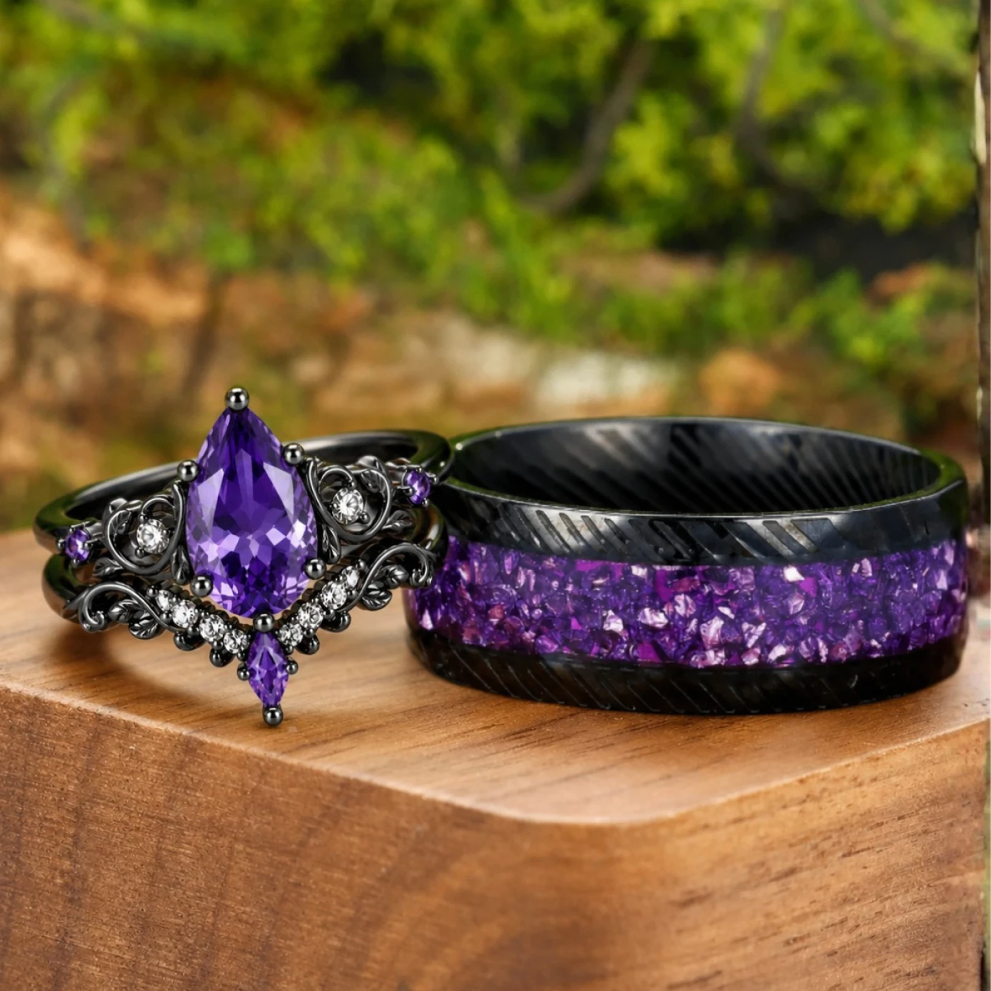 Vine Design Pear Amethyst Black Plated Couple Rings Natural